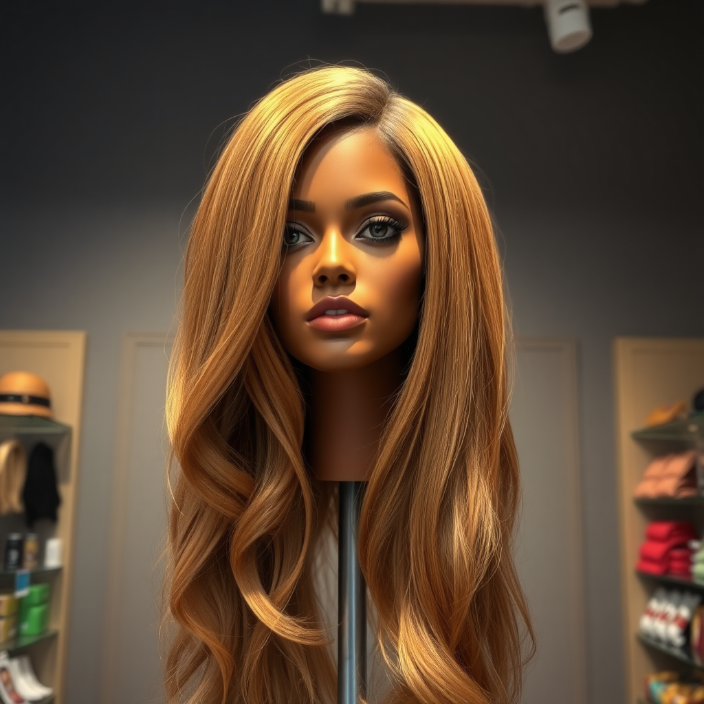 In a well lit, eccentric long hair fetish store, a strikingly unique and surreal display draws attention: the real live, flesh-and-blood disembodied head of a stunning woman reminiscent of Beyoncé, her long, flowing hair cascading like a silky waterfall around her neck. The luxurious strands shimmer with intricate highlights, ranging from deep ebony to sun-kissed gold, accentuating her perfectly sculpted features. Her captivating, dark eyes glisten with an enigmatic allure, expressing an uncanny mix of grace and mischief.

The background is a plain, muted gray, contrasting sharply with the vibrant beauty of the head and her extravagant hair, allowing viewers to fully focus on the astonishing sight.

The shop’s interior is designed to celebrate the beauty and allure of very long hair.