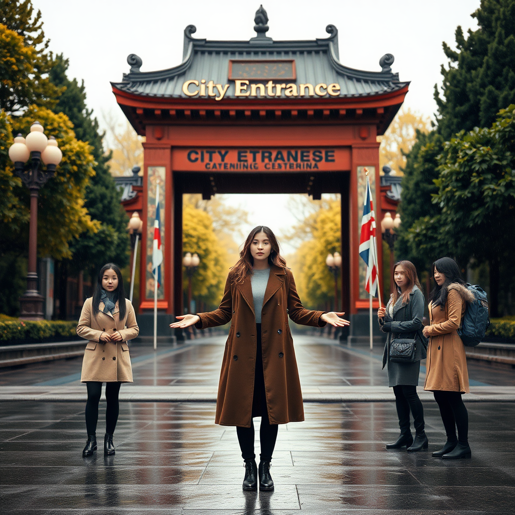 rainy weather An 18-year-old woman in a long coat and black pants is standing in front of the city entrance with her hands open and looking straight ahead. Four young women stand before him, one of them holding a flag. Behind the city entrance, only beautiful and dreamy trees can be seen.