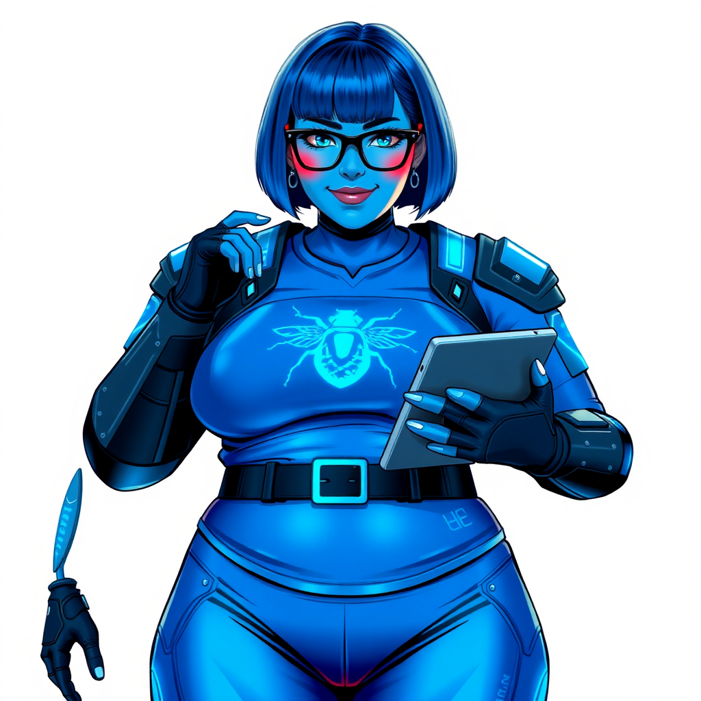 A 28-year-old, full-figured, metallic maximum blue (5PB 5/10) skinned computer program hybrid with a maximum blue bob cut. She has a non-athletic build, highlighted by a prominent, round, large midsection (with full emphasis on her round belly), which shows the effects of her love of junk food acquired from her boyfriend. As the full-figured, nerdy, digital sidekick to her cyberpunk vigilante boyfriend, her metallic maximum blue skin and maximum blue lipstick (5PB 5/12) emphasize her digital nature. Her skin has a subtle, animated glow, with digital patterns occasionally flickering across it, making her digital nature obvious. She wears a digital, computerized superhero costume, consisting of a massive, tight-fitting, maximum blue t-shirt (5PB 5/12) with a neon blue glowing chest icon of a beetle, hi-tech shoulder pads with neon blue accents, a black hi-tech belt with a digital neon blue glowing buckle, digital maximum blue biker pants (5PB 5/12) with neon blue accents, and black hi-tech fingerless biker gloves with neon blue glowing accents. Her neon blue glowing eyes, black eyeglasses with neon blue glowing lenses equipped with a built-in HUD, and bashful smile with neon red blush accentuate her nerdiness.

She stands with a shy, slightly hunched posture, one hand nervously adjusting her glasses while the other clutches a digital tablet close to her chest. Her pose reflects her intellectual curiosity and slight social awkwardness, much like Sci-Twi. Her costume covers all her skin and emphasizes her full-figured physique (especially her round belly). Despite her build, she radiates beauty. She has a slim face compared to her physique, accentuating her radiant beauty. She is on a solid white background. She is drawn as if she were in a retro 2D cyberpunk fighting game.