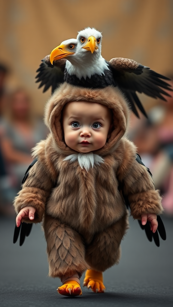 A cute small chubby fair baby with big eyes, pink lips, and pink cheeks, wearing a furry cozy eagle costume, doing a ramp walk in a fashion show while walking with a real eagle, with a cinematic eagle sitting on the baby's head.