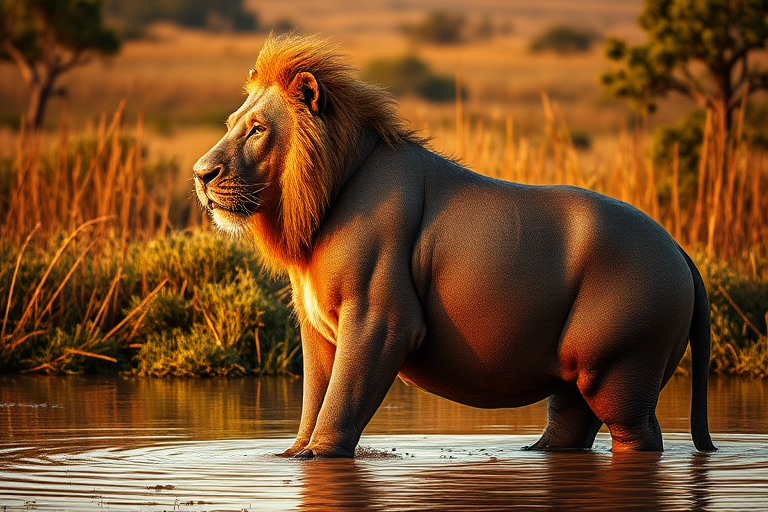 Create a photorealistic image of a lion showcasing the musculature and silhouette of a hippo, while preserving its original head and facial features. The body should retain the skin texture of the lion, blending elements of both animals. The background should be inspired by the habitats of lions and hippos, featuring savanna grasses and muddy water. Incorporate African flora and fauna to enrich the scene, ensuring a harmonious integration of both animal environments. The lighting should evoke a late afternoon glow, enhancing the vivid colors and details in the composition.