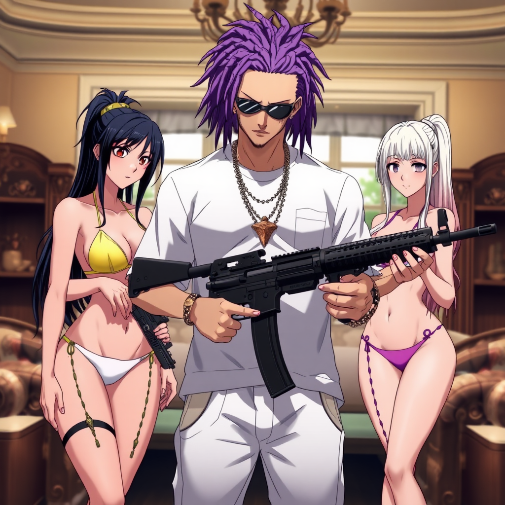 Anime Scene, A White thug male with purple-dreadlocks holding 2 ak-47s, in a mansion, there are 2 white girls with micro-bikinis and g-strings