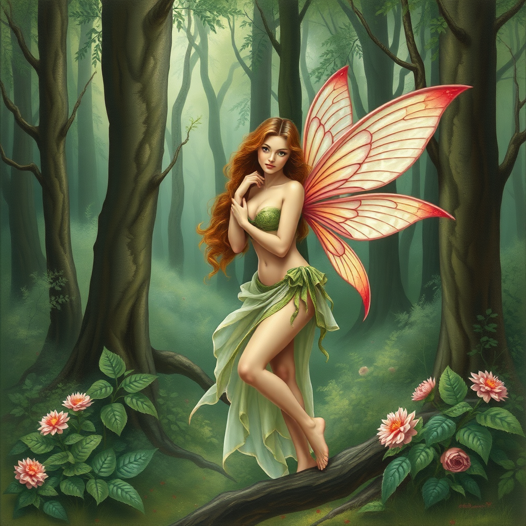 A classic forest scene with an attractive and seductive fairy. The scene is lush with the art styling of Linda Ravenscroft.