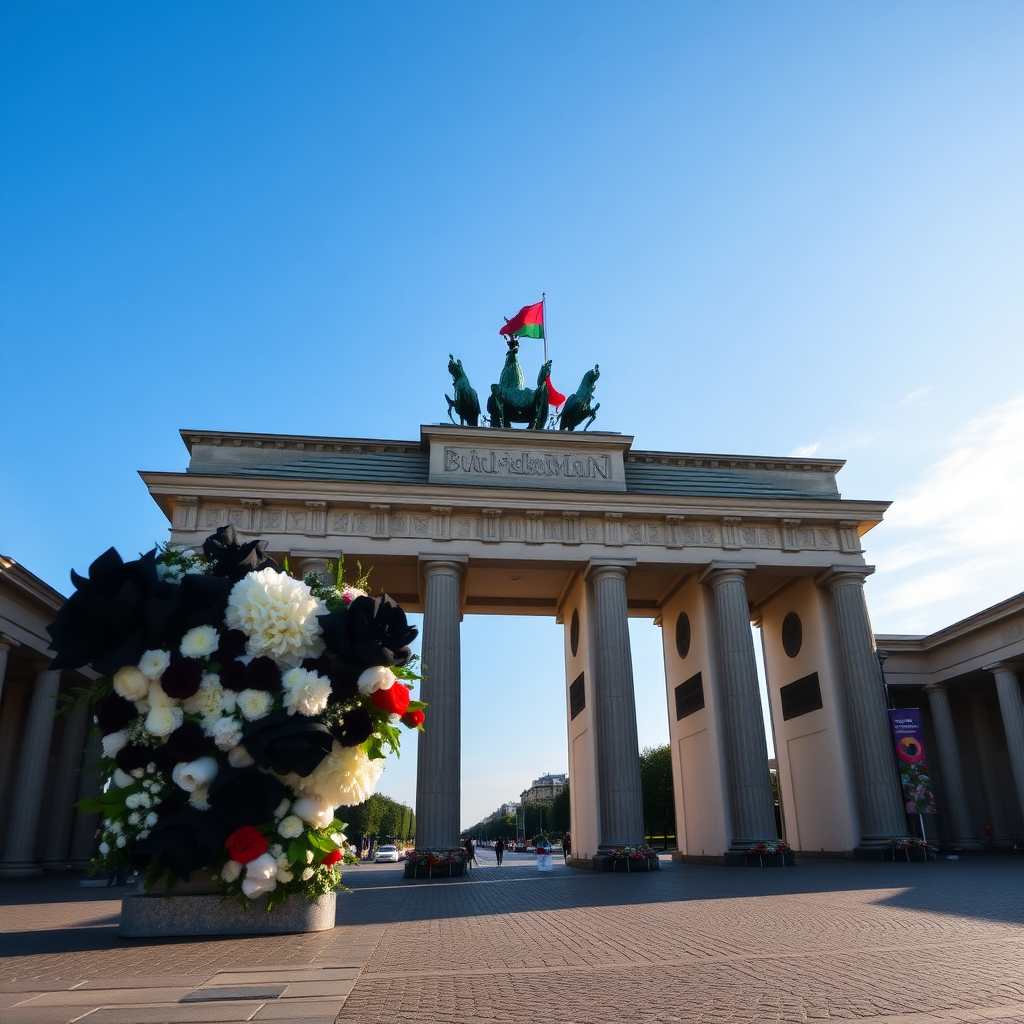 The Brandenburg Gate is adorned with black, white, and red flowers, and a flag is waving on the gate.