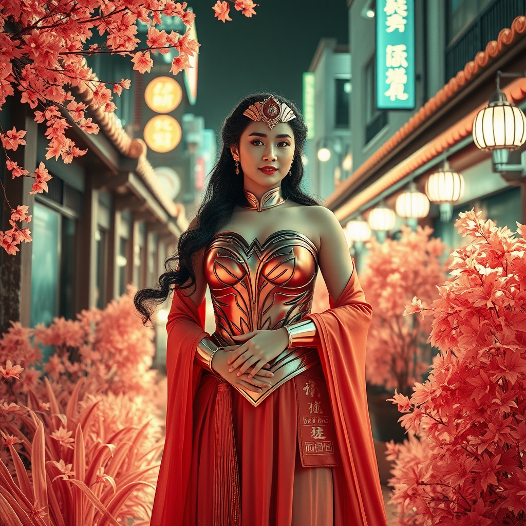 The Wonder Woman in Hanfu, the Chinese mythological figure Chang'e wearing JK costume, The photo was taken in the style of infrared photography, which gives it unique colors and shades. It highlights details of plants and urban architecture, creating an atmosphere of mystery and tranquility. This photograph shows how beautiful nature creates among human lights, style raw.