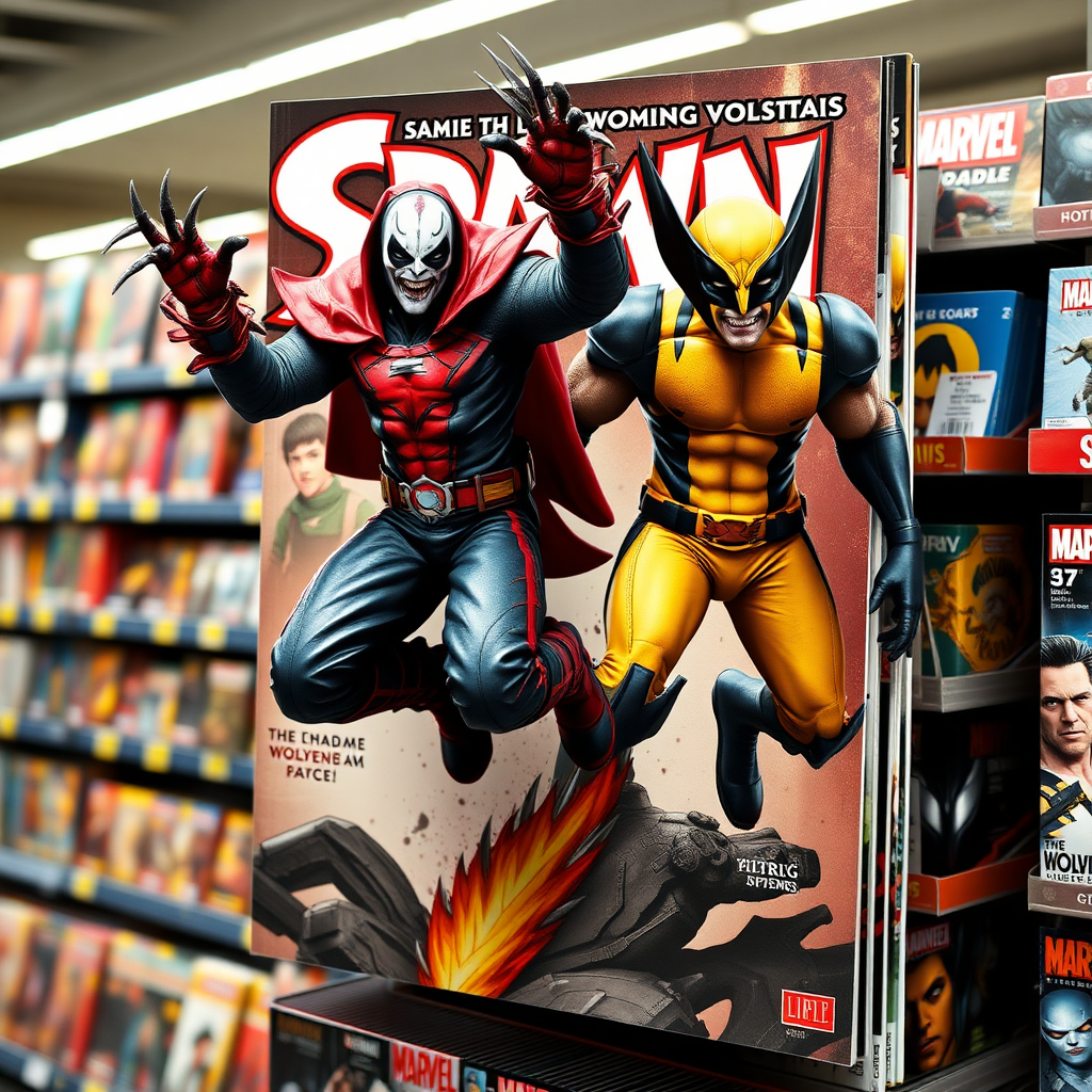 Jumping out of a Comic book cover on a store shelf is Spawn and Wolverine in Cinematic Real3D photo-realistic quality.