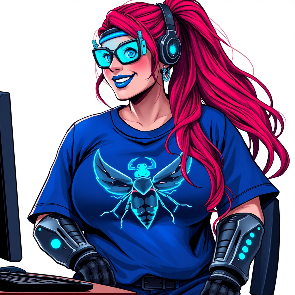 A cyberpunk vigilante’s full-figured intelligent and tech-savvy 29-year-old girlfriend, who is a computer hacker and tech genius. She has a long ruby red ponytail and bright blue eyes. She wears maximum blue lipstick, a sapphire beetle gemstone necklace, sapphire earrings, black eyeglasses, hi-tech metal arm armor, and an oversized maximum blue t-shirt featuring a neon blue glowing emblem of a winged beetle on its chest. She has a full-figured physique with a giant, round midsection, reflecting her well-cared-for lifestyle. She sports a sapphire headset with a hi-tech maximum turquoise lensed HUD, and a beaming smile with a passionate bright red blush. Despite her figure and a lack of self-esteem, she radiates beauty. She has a slim face which contributes to her radiant beauty. She serves as his tech expert from his hideout, diligently working at her lab table and computer desk. The background is solid white. She is drawn as if she was in a retro 2D cyberpunk fighting game.