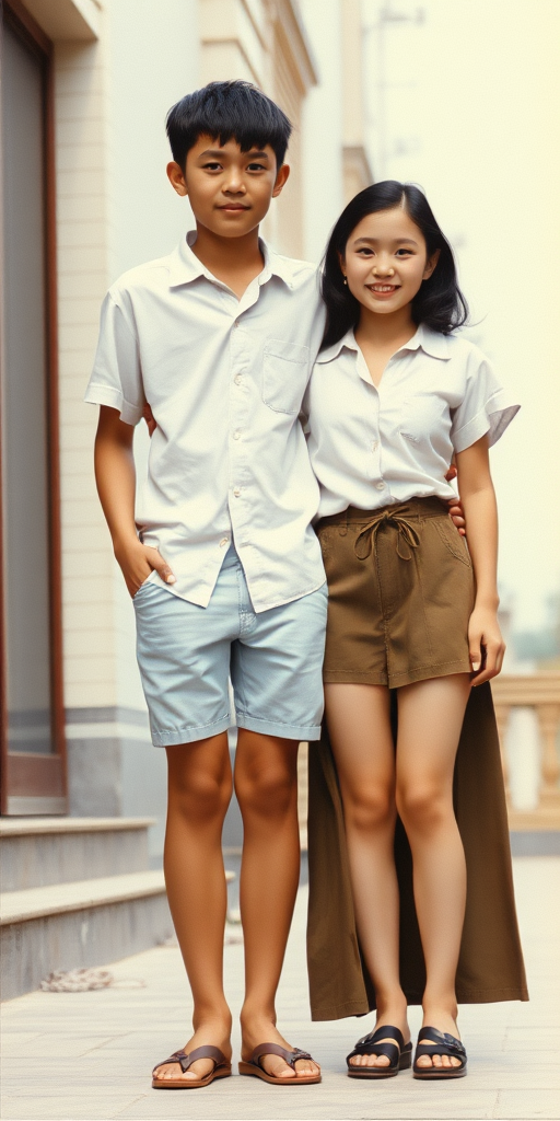 Vintage photo, 1980s. Hot summer. China. Tall 14yo teen boy wearing short shirt, tight booty shorts, long legs, bare thighs. With a girl wearing shirt, long skirt. Full length view.