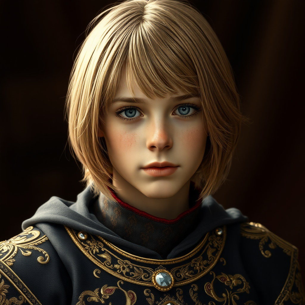 16yo teen boy prince, long bob cut, embroidered with gold and diamonds medieval cloths. photorealistic, ultra high resolution, 16K,