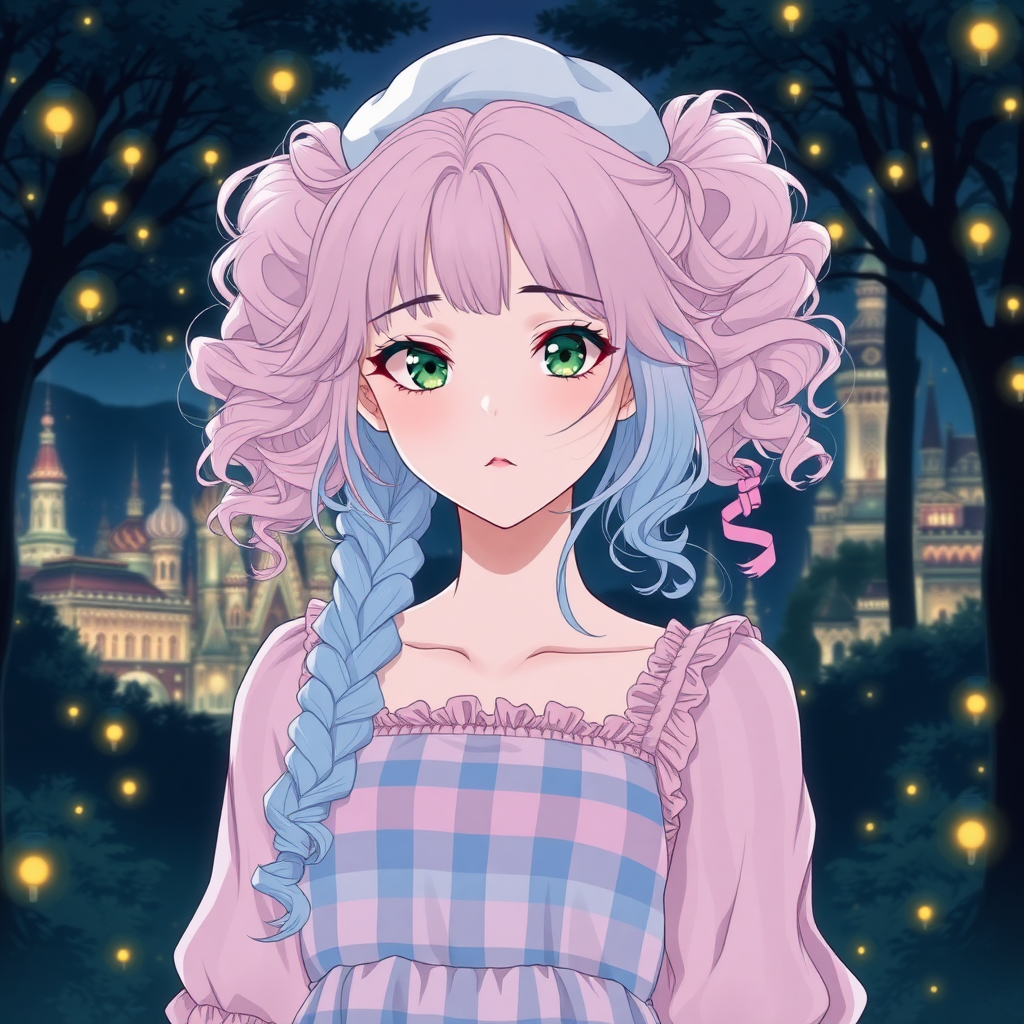 Create an anime, detailed image of a 25-year-old woman with very pale, almost translucent skin. Her left eye is a bright green shade, her right eye is a shade of black. Her hair is voluminous and curly tied in two pigtails, but very long until just above her waist. The hair is divided in half with the right side being light pink and the left side being light blue. She has delicate features and her face is strong and cute at the same time. She wears a pink and blue checkered dress. It's in the middle of a dark forest, lit by fireflies that glow softly. In the background, a city with fantastic architecture, giving a magical touch to the scene. The image must be extremely anime, capturing every detail with precision and 8k quality. It looks like a photograph. "Extremely anime. 25 years old. She wears a small white top hat on her head. Beautiful. Beautiful. Extremely anime. Beautiful appearance."