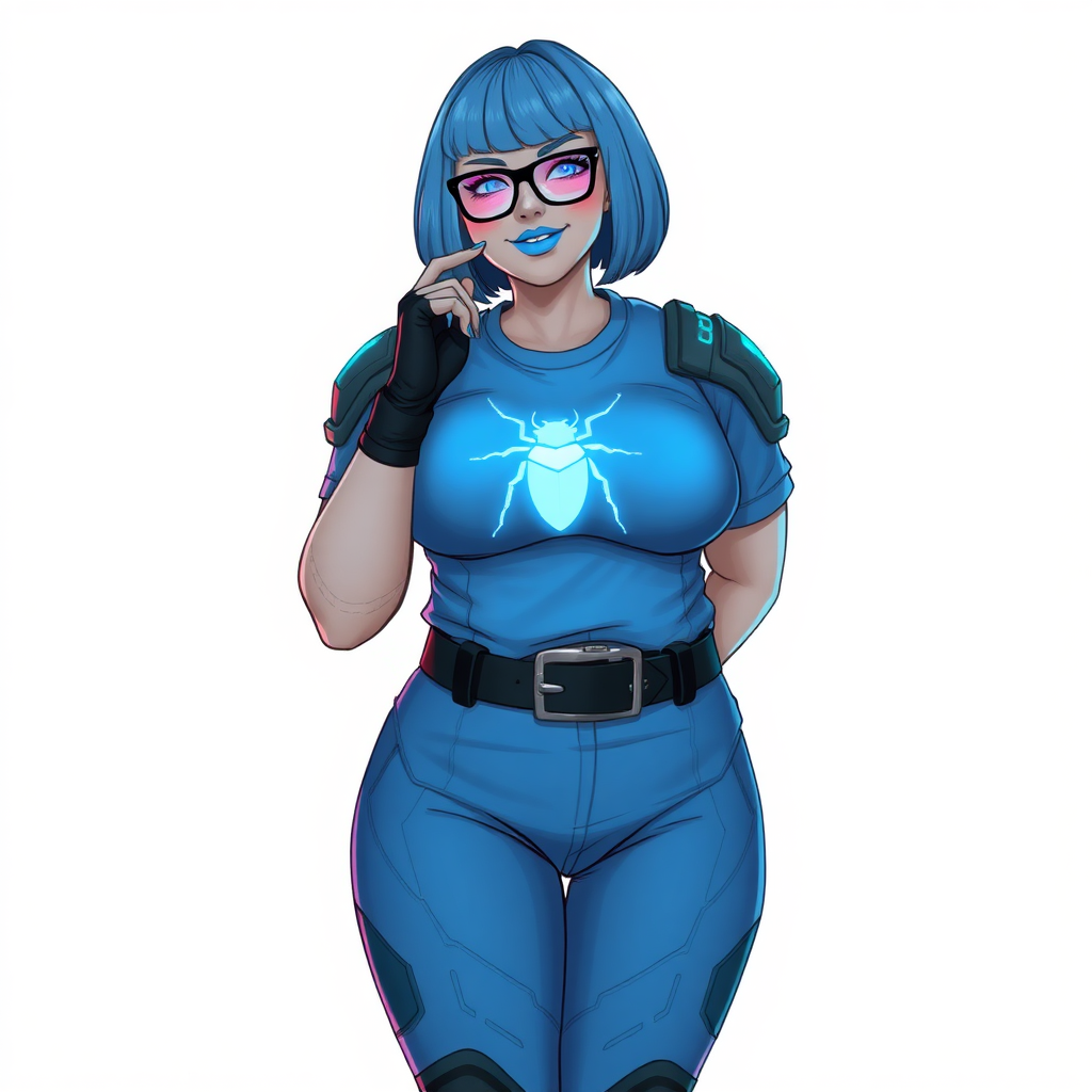 A 28-year-old, full-figured, metallic light neutral gray (N7) skinned computer program hybrid with a maximum blue bob cut. She has a non-athletic build, highlighted by a prominent, round, large midsection (with full emphasis on her large belly), which shows the effects of her love of junk food acquired from her boyfriend. As the full-figured, nerdy, digital sidekick to her cyberpunk vigilante boyfriend, her metallic light neutral gray skin and maximum blue lipstick (5PB 5/12) emphasize her digital nature. Her skin has a subtle, animated glow, with digital patterns occasionally flickering across it, making her digital nature obvious. She wears a digital, computerized costume, consisting of a huge, tight-fitting, maximum blue t-shirt (5PB 5/12) with a neon blue glowing chest icon of a beetle, hi-tech shoulder pads with neon blue accents, a black hi-tech belt with a digital neon blue glowing buckle, digital maximum blue biker pants (5PB 5/12) with neon blue accents, and black hi-tech fingerless biker gloves with neon blue glowing accents. Her neon blue glowing eyes, black eyeglasses with neon blue glowing lenses equipped with a built-in HUD, and bashful smile with neon red blush accentuate her nerdiness. She stands bashfully with one hand behind her back and the other hand gently touching her cheek, her costume covering all her skin and fully emphasizing her full-figured physique (especially her large belly). She is clearly non-athletic, with a full focus on her full-figured physique. Despite her build, she radiates beauty. She has a slim face compared to her physique, accentuating her radiant beauty. She is on a solid white background. She is drawn as if she were in a retro 2D cyberpunk fighting game.