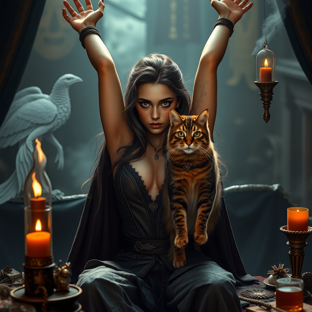 Imagine: A perfectly staged scene of sorcery and companionship filled with hundreds of little details. Within there is a terrifying sorceress looking lovely and irresistible. Her physique is preternaturally perfect. Staring directly into the eyes of the viewer. Arms up high. She has a brown Siberian Cat as a familiar.