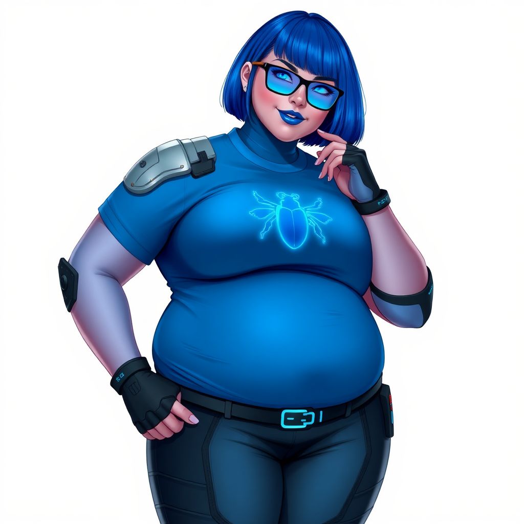 A 28-year-old, full-figured, metallic maximum blue (5PB 5/10) skinned computer program hybrid with a maximum blue bob cut. She has a non-athletic build, highlighted by a prominent, round, large midsection (with full emphasis on her round belly), which shows the effects of her love of junk food acquired from her boyfriend. As the full-figured, nerdy, digital sidekick to her cyberpunk vigilante boyfriend, her metallic maximum blue skin and maximum blue lipstick (5PB 5/12) emphasize her digital nature. Her skin has a subtle, animated glow, with digital patterns occasionally flickering across it, making her digital nature obvious. She wears a digital, computerized, superhero costume, consisting of a massive, tight-fitting, maximum blue t-shirt (5PB 5/12) made out of advanced nanotech with a neon blue chest icon of a beetle, hi-tech shoulder pads with neon blue accents, a black hi-tech belt with a digital neon blue glowing buckle, digital maximum blue biker pants (5PB 5/12) with neon blue accents, and black hi-tech fingerless biker gloves with neon blue glowing accents. Her neon blue glowing eyes, black eyeglasses with neon blue glowing lenses equipped with a built-in HUD, and bashful smile with neon red blush accentuate her nerdiness. She stands bashfully with one hand behind her back and the other hand gently touching her cheek, her costume covering all her skin (especially her midsection) and fully emphasizing her full figure (especially her round belly). She is clearly non-athletic, with a focus on her full-figured physique. Despite her build, she radiates beauty. She has a slim face compared to her physique, accentuating her radiant beauty. She is on a solid white background. She is drawn as if she were in a retro 2D cyberpunk fighting game.