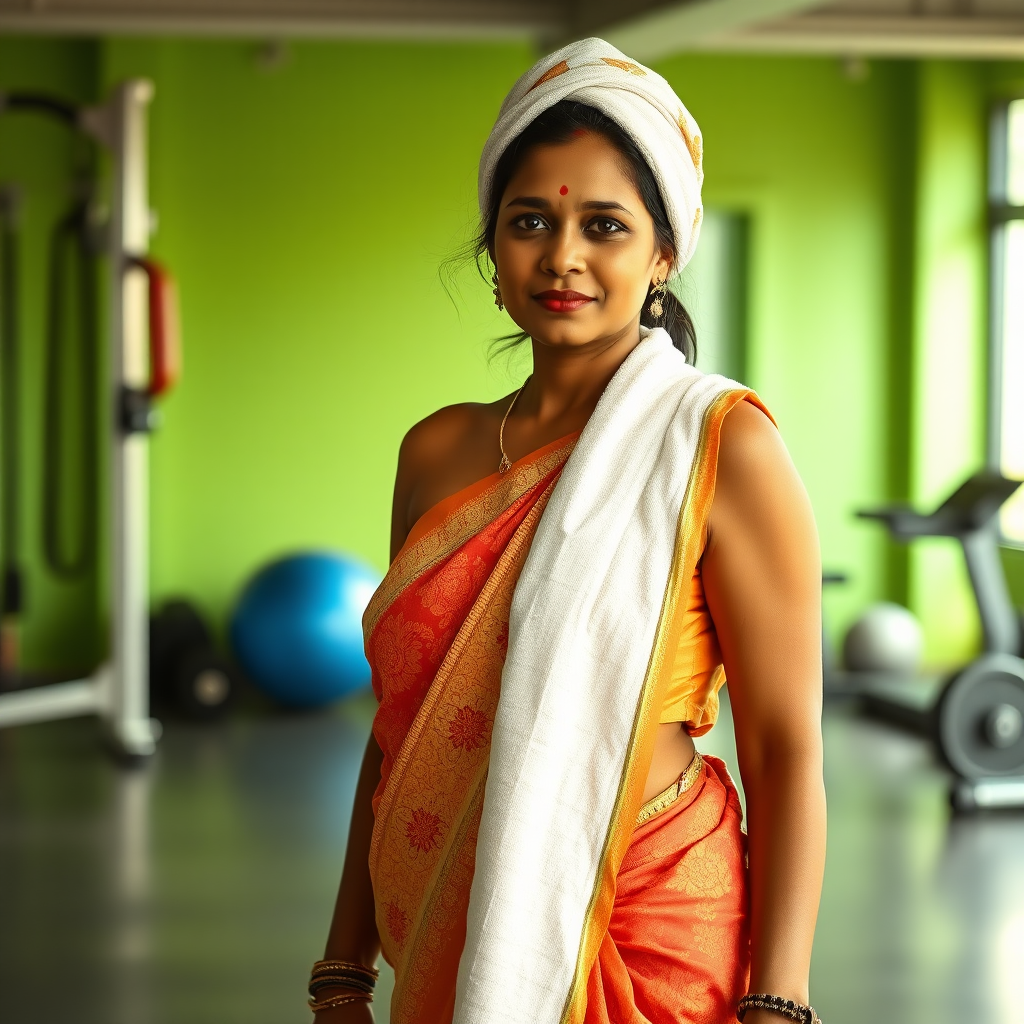 South Indian housewife, wrapped in towel, standing in gym