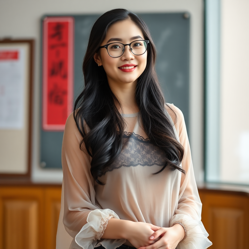 Help me produce a photo of a standing Chinese woman, a beautiful female teacher, graceful and curvy, wearing glasses, in sheer clothing, with black lingerie and stockings, around the age of 20 to 30.