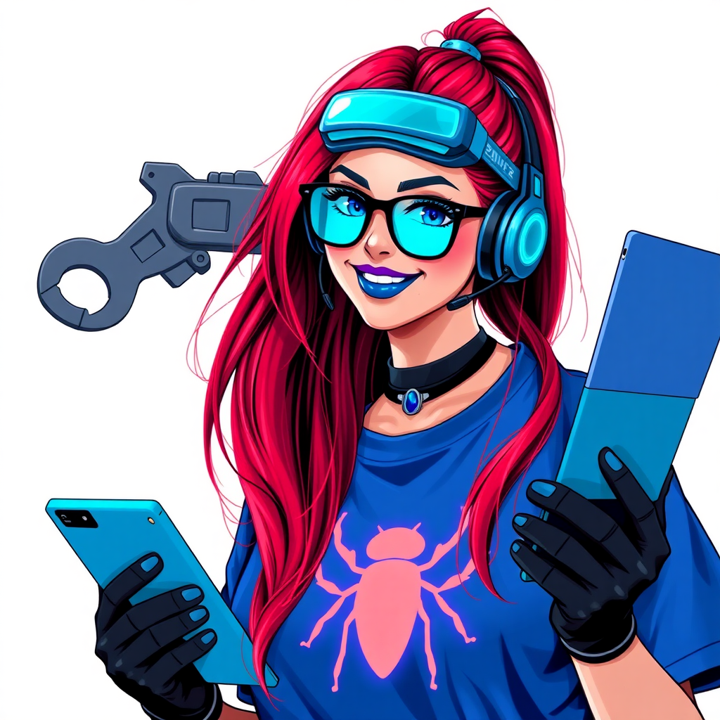 An intelligent and tech-savvy 29-year-old computer hacker and tech genius. She has a long ruby red ponytail. She wears maximum blue lipstick, blue eyes, a sapphire beetle gemstone necklace, sapphire earrings, black eyeglasses, hi-tech power gloves, and an oversized maximum blue t-shirt featuring a neon blue glowing beetle chest icon. She has a gargantuan full-figured physique with a prominent round gargantuan midsection, reflecting her well-cared-for lifestyle. She sports a sapphire headset with a hi-tech maximum turquoise lensed HUD, and a beaming smile accentuated by a passionate neon red blush. She serves as his tech expert from his hideout, holding a futuristic tool wrench and a futuristic digital tablet. The background is solid white. She is drawn as if she was in a retro 2D cyberpunk fighting game.