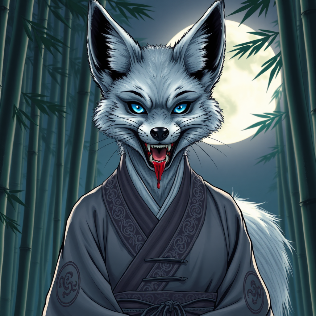 Comic book style eerie-looking kitsune-silverfox with blue eyes in an ancient female Korean big-breasted hanbok with baring teeth with blood on the fox teeth, in front of the full moon in a bamboo forest