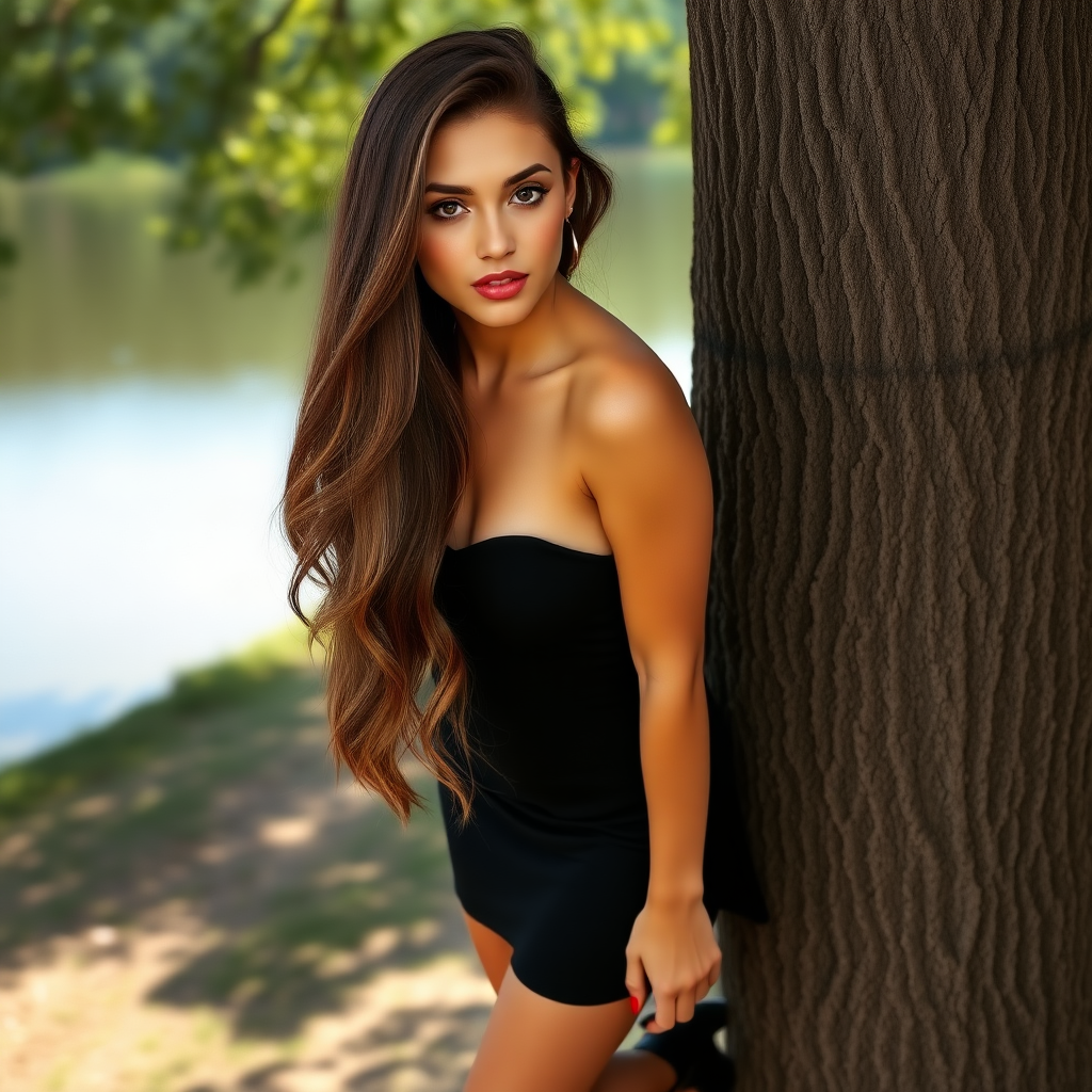 a young woman. long brunette hair with highlights, dark brown eyes. suntanned skin. small lips with lipgloss. wearing a short black dress and black high heels. standing at a tree with crossed legs. interested look. standing next to a lake. sweet look. photo