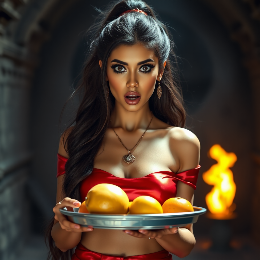 realistic photo of a surprised Arabian model with mouth open looking at the camera. She has very large eyes, black eyeshadow, black eyeliner, fake eyelashes, very tanned skin, very long hair. very high ponytail, she look likes princess jasmine, shinny red off shoulder crop top. photo realistic. She holds a metal tray with fruits just above her waist. crop top, shinny red skirt. full body view. shinny red pencil skirt. dungeon with fire torches in the background.