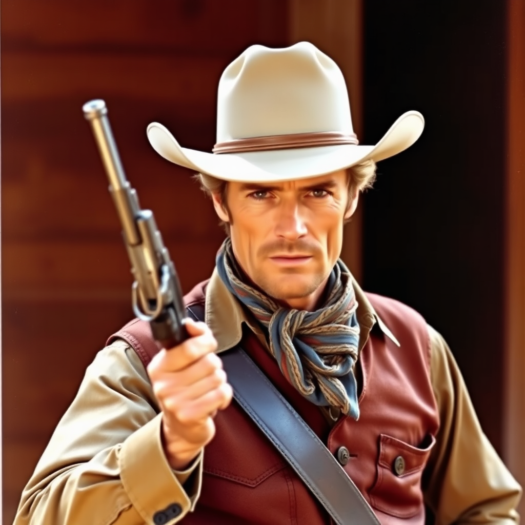 Clint Eastwood dressed as a cowboy, holding a gun, realistic photo.