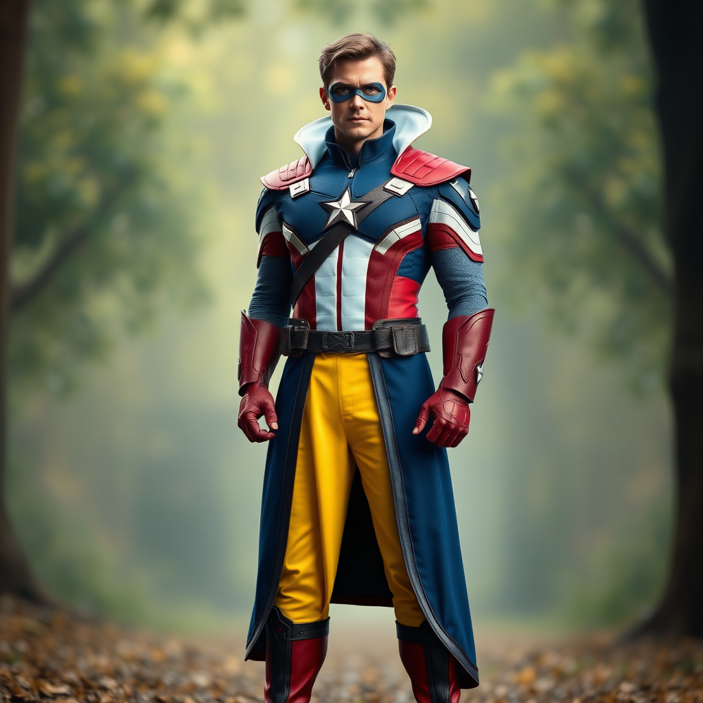 Generate a full-length image of Steve Rogers with the body traits of Snow White. Modify the body shape, with emphasis on the torso. Retain Steve’s core costume but incorporate embellishments and elements from Snow White’s attire. Place the character in a background that is an appropriate setting for both Steve Rogers and Snow White.