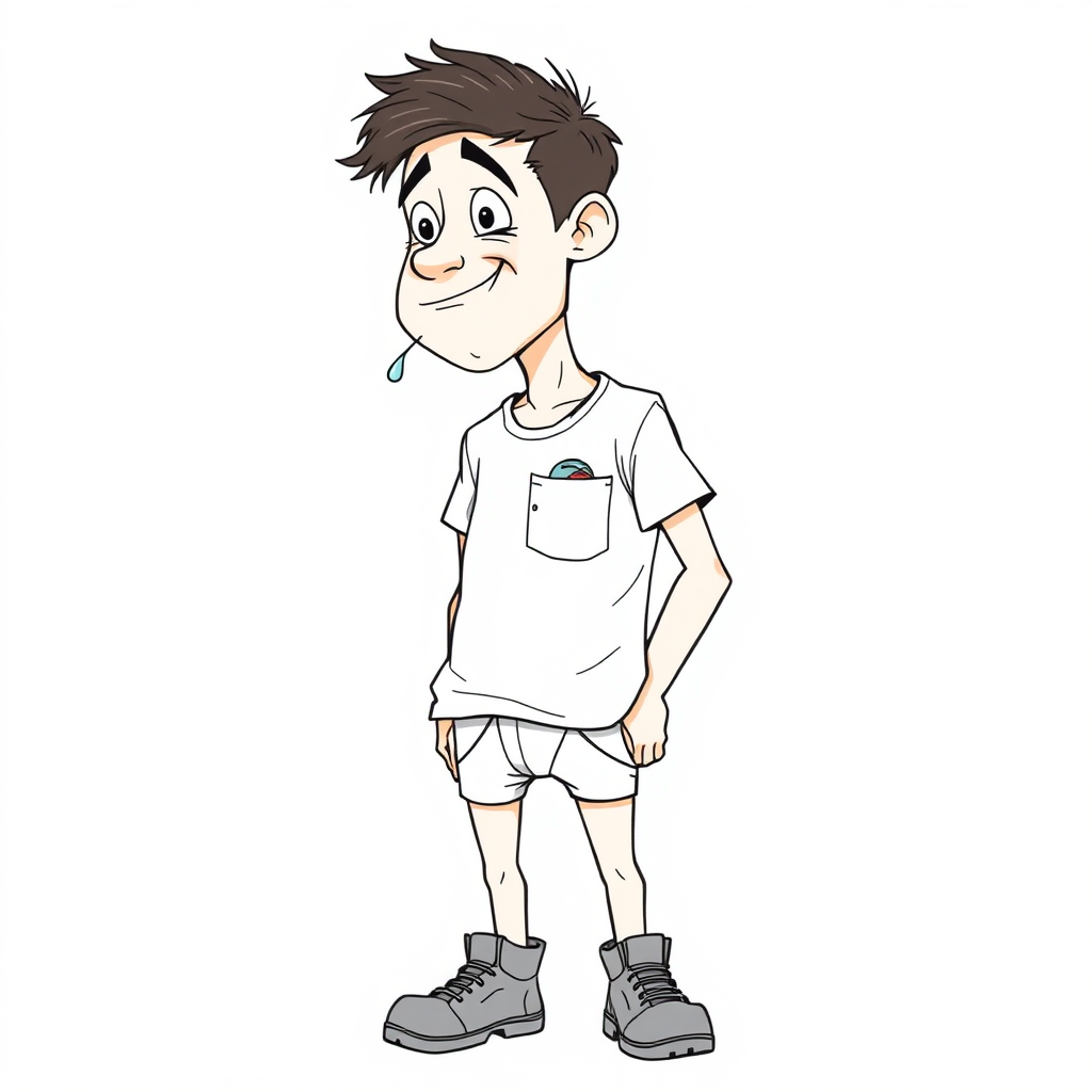 nervous small 15 year old european skinny man, white t-shirt, standing, stunned, mesmerized, joyful, heavy drooling, underwears, heavy round stuff in his pocket, side view, safety shoes, detailed feet, 2D, caricature, cartoon, Sketch lines, coloring book, coloring book,