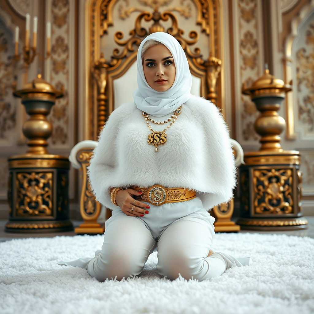 Kuwait desert palace throne room, old overweight mighty sheik sitting on throne. In front of throne, kneeling on white fluffy carpet: Melissa, European 17 years old very convincing femboy “trophy-bimbo”, tamed servile docile, rather short, by hormones very curvaceous womanly figured, platinum blond short tight curls, heavily made-up eyes, wearing Supertanya-style fluffy very fuzzy bright white angora turtleneck-poncho cropped ending under bust decorated with pearls and gemstones, striking oriental wide gold bridal protection belt, white fully transparent harem pants, full Oriental bridal jewelry, face covered by white sheer full Burka, coin anklets, striking diamond “$$$” letter brooch on left chest, pout frustrated, hands tied behind back, looking at camera. Focus on face and turtleneck-poncho.