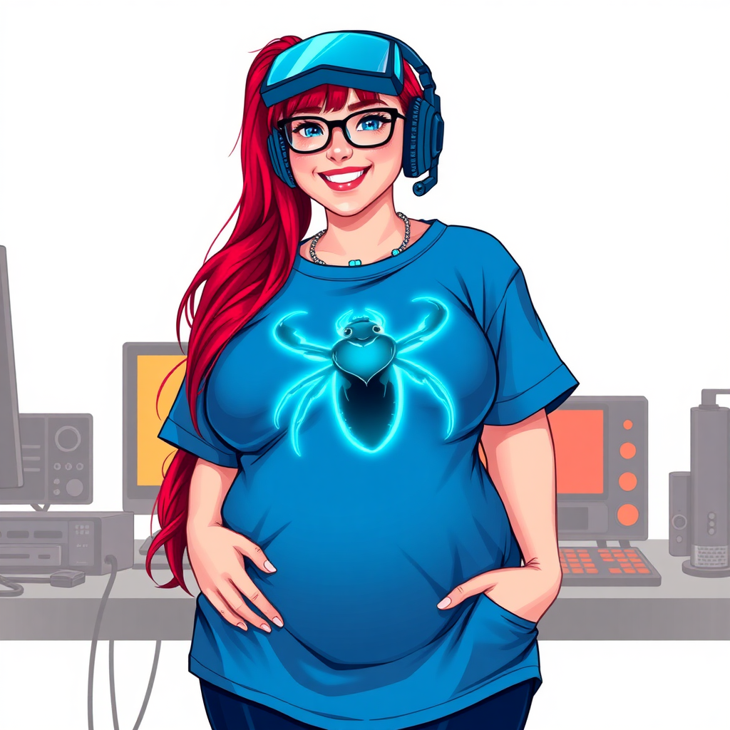 A cyberpunk vigilante’s full-figured intelligent and tech-savvy 29-year-old girlfriend, who is a computer hacker and tech genius. She has a long ruby red ponytail and bright blue eyes. She wears a sapphire beetle gemstone necklace, and an oversized maximum blue t-shirt featuring a giant neon blue glowing icon of a beetle on its chest. She has a full-figured physique with a prominently, gargantuan, well-rounded midsection, reflecting her well-cared-for lifestyle. She sports a sapphire headset with hi-tech maximum turquoise lensed HUD visor, black eyeglasses, and a beaming smile with a passionate bright red blush. Despite her figure and a lack of self-esteem, she radiates an air of beauty. She has a slim face which contributes to her radiant beauty. She serves as his tech expert from his hideout, diligently working at her lab table and computer desk. The background is solid white. She is drawn as if she was in a retro 2D cyberpunk fighting game.