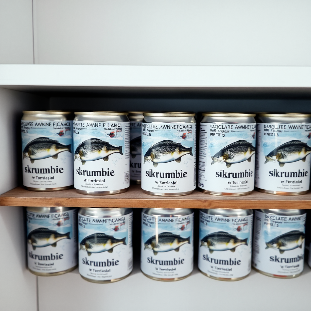 a small shelf with cans that have an image of fish on the label and text saying "skrumbie w tomacie"