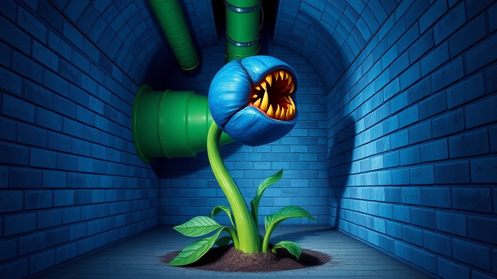 Interior. Underground scene with brick walls and floor. Blue tinted lighting. A large green drain pipe sticks out of the ground. Growing out of the pipe opening, a monster with the head of a blue flower bulb, a large mouth with pointy yellow teeth. Its body is a green flower stem with green leaves.