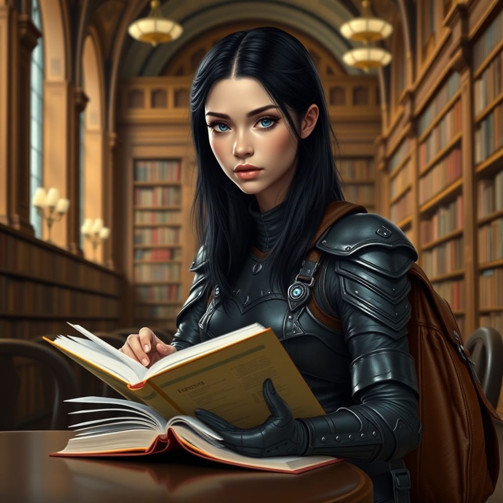 beautiful young woman, dark hair past her shoulders, blue eyes, small, slim figure, wearing full leather armor suit, sitting at table, reading book, a sandwich and backpack, in a grand old library.