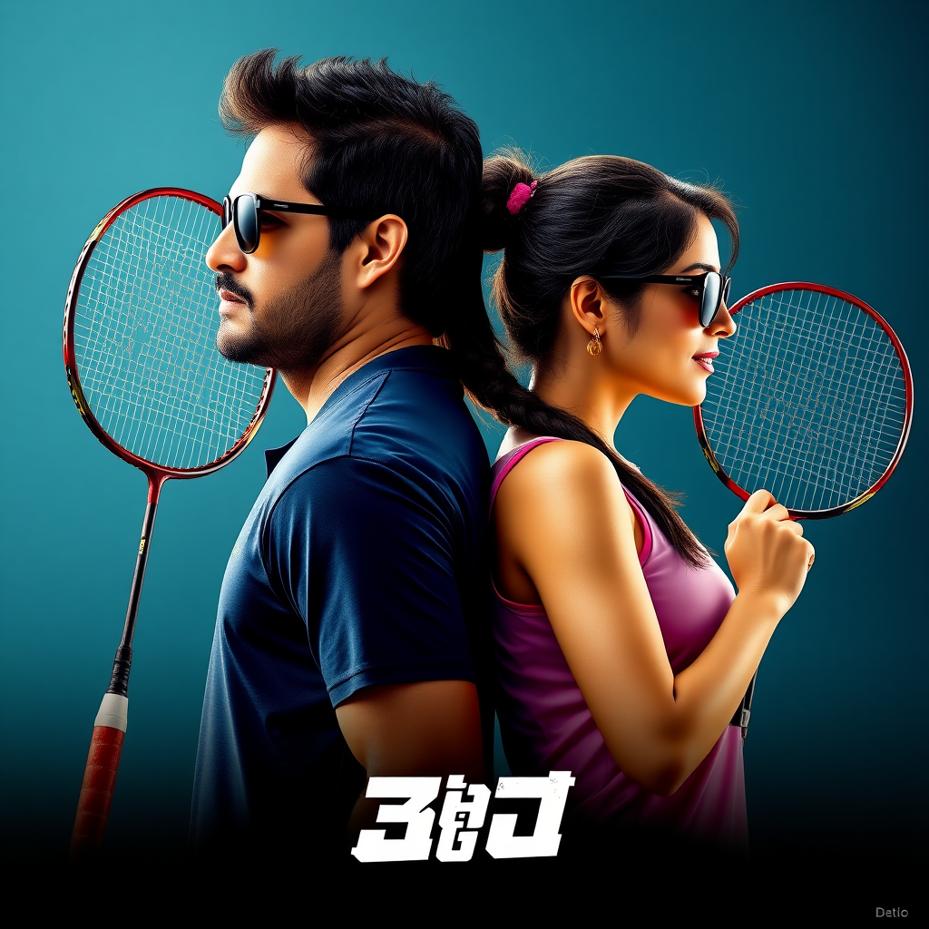 A man and a woman back to back, both wearing sunglasses, both holding badminton racquets, sports, epic movie poster, perfect, masterpiece, dramatic, Bollywood.