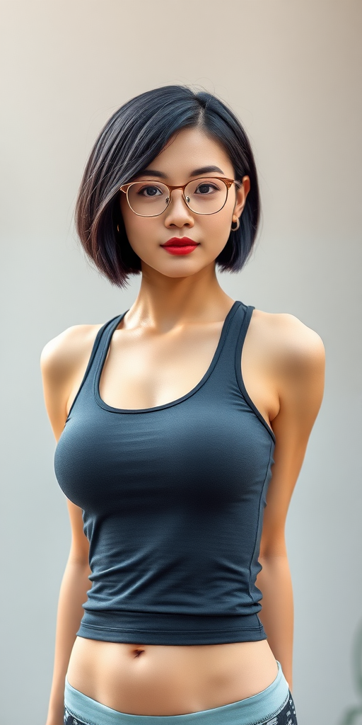 High-definition image quality, a Chinese woman, short hair, wearing glasses, A cup, full thighs, full hips, fitness tank top, black hair, full-body photo.