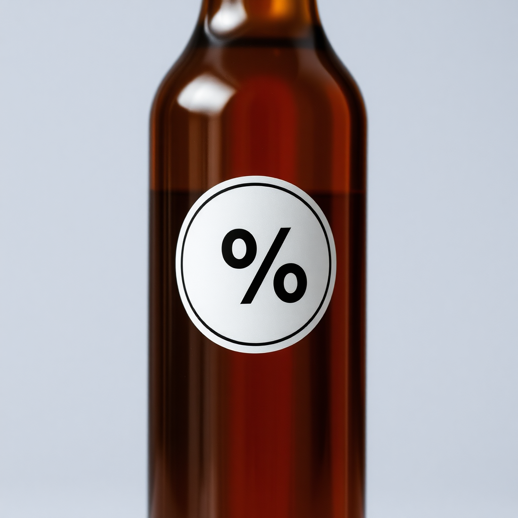 A photo of a bottle with a white circular label with a black percent symbol on it.