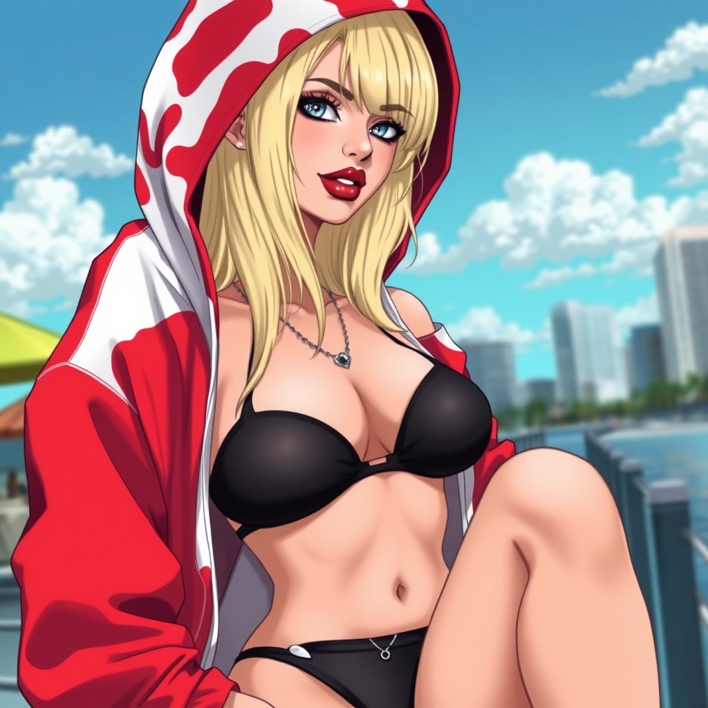 Anime style art of a 19-year-old thug ghetto woman, white, long blond hair, wearing nothing but a micro-black bikini and g-string thong under a red-white Bape hoodie, red lips, white nails, down in Miami Beach, Florida, near a city.