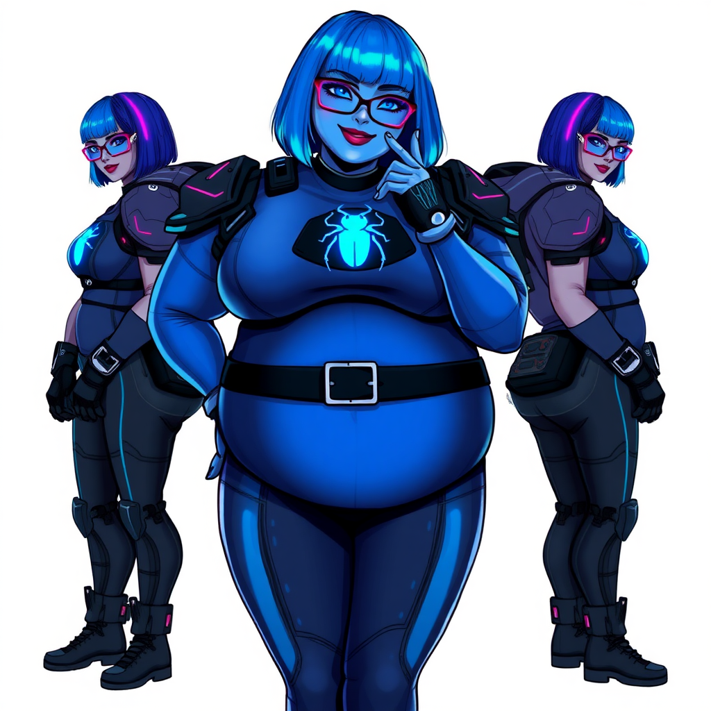 A 28-year-old, full-figured, metallic maximum blue (5PB 5/10) skinned computer program hybrid with a maximum blue bob cut. She has a non-athletic build, highlighted by a prominent, round, large midsection (with heavy emphasis on her round large belly), which shows the effects of her love of junk food acquired from her boyfriend. As the full-figured, nerdy, digital sidekick to her cyberpunk vigilante boyfriend, her metallic maximum blue skin and maximum blue lipstick (5PB 5/12) emphasize her digital nature. Her skin has a subtle, animated glow, with digital patterns occasionally flickering across it, making her digital nature obvious. She wears a digital, computerized costume, consisting of a massive, tight-fitting, maximum blue biker shirt (5PB 5/12) made out of advanced nanotech with a neon blue glowing chest icon of a beetle, hi-tech shoulder pads with neon blue accents, a black hi-tech belt with a digital neon blue glowing buckle, digital maximum blue biker pants (5PB 5/12) with neon blue accents, and black hi-tech fingerless biker gloves with neon blue glowing accents. Her neon blue glowing eyes, black eyeglasses with neon blue glowing lenses equipped with a built-in HUD, and bashful smile with neon red blush accentuate her nerdiness. She stands bashfully with one hand behind her back and the other hand gently touching her cheek, her costume covering all her skin and emphasizing her full figure (especially her round large belly). She is clearly non-athletic, with a focus on her full-figured physique. Despite her build, she radiates beauty. She has a slim face compared to her physique, accentuating her radiant beauty. She is on a solid white background. She is drawn as if she were in a retro 2D cyberpunk fighting game.