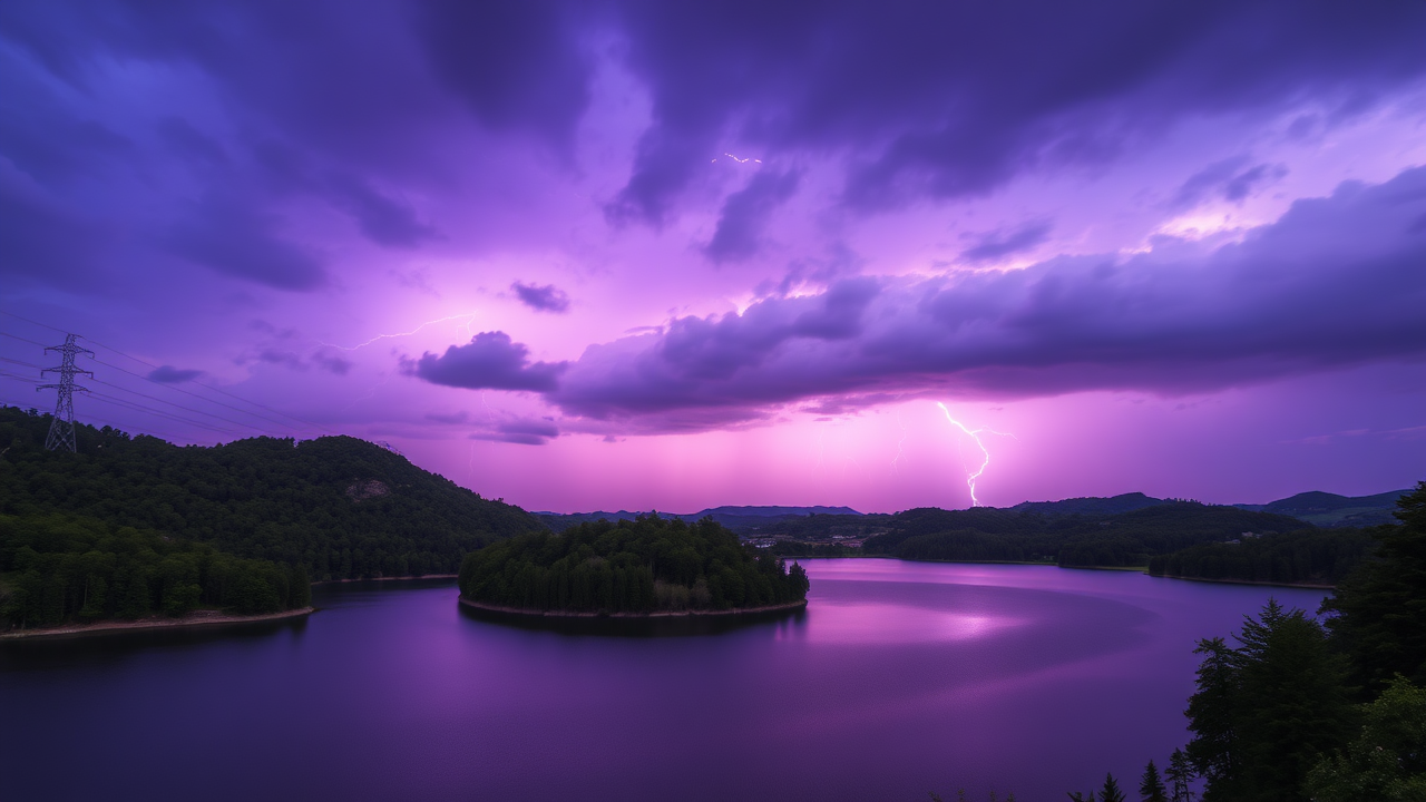 photo, lakes, nature, purple sky, lightning