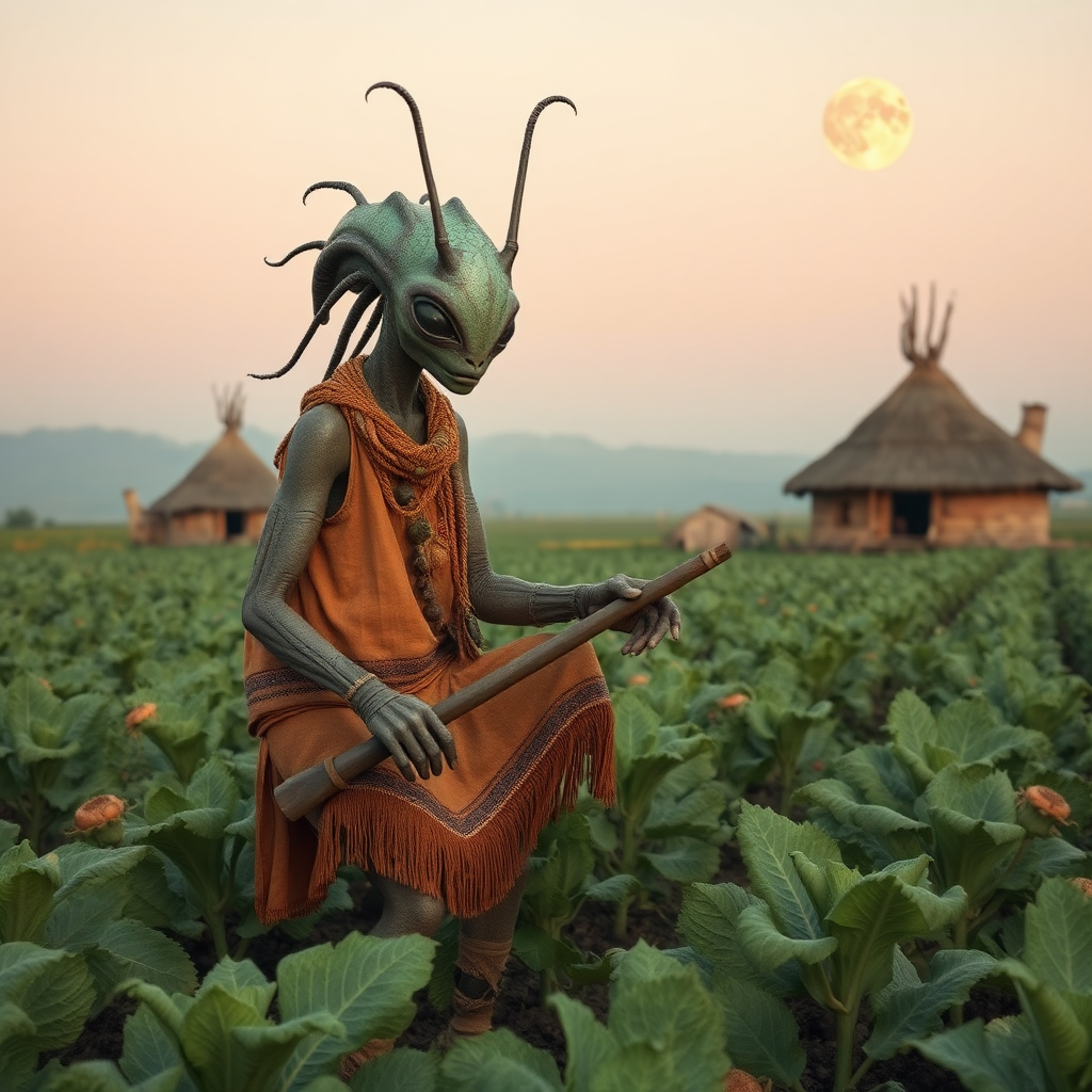 A humanoid arthropod alien in tribal clothing tilling a field of alien produce, alien huts in the background, moon visible in sky.