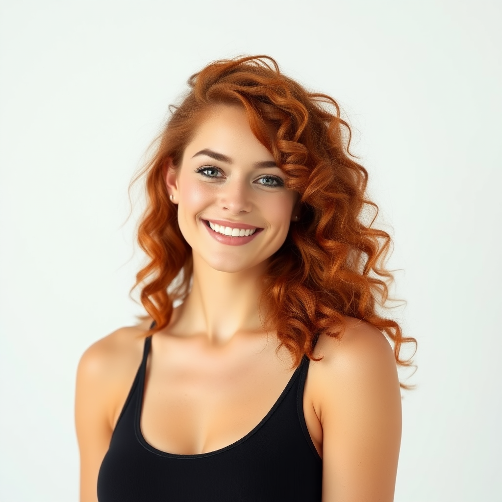 Beautiful model with curly red hair and a friendly look.