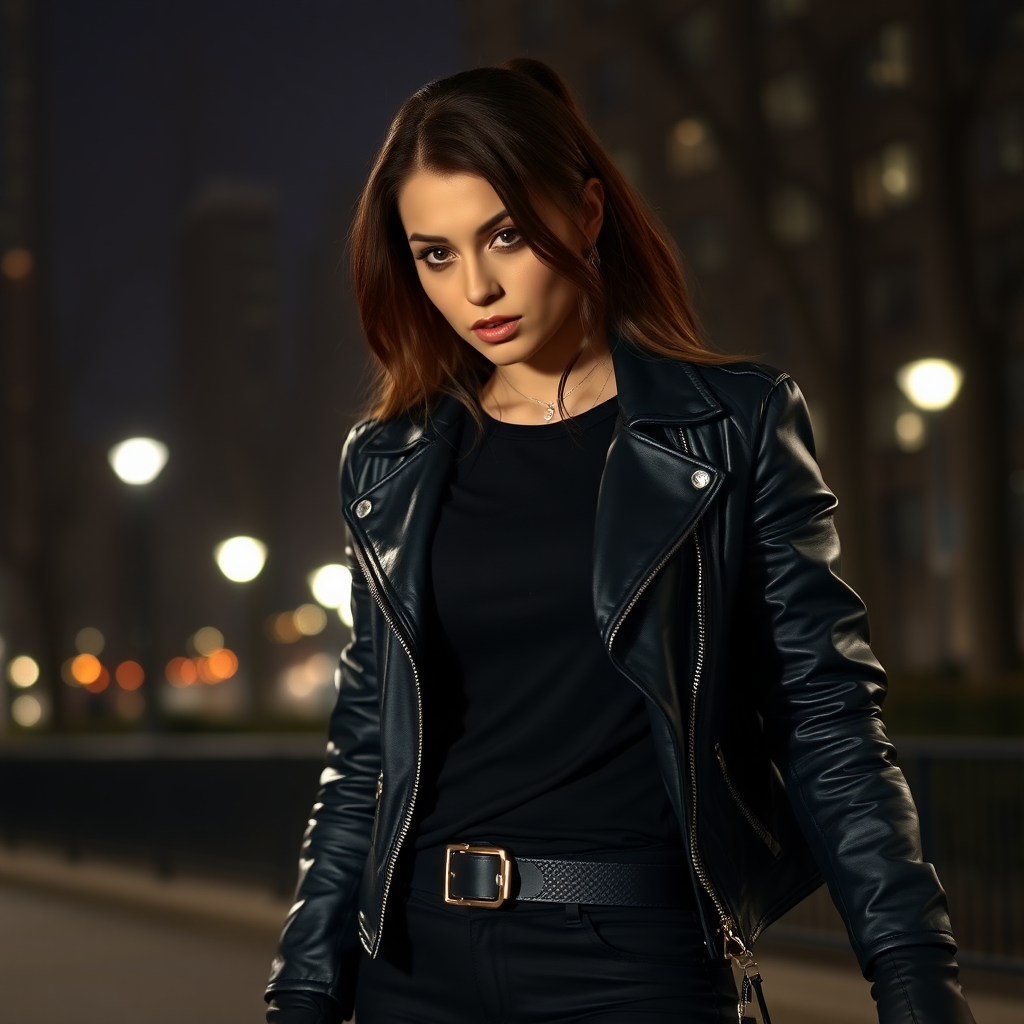 A beautiful brunette badass female burglar in a black leather jacket over a black t-shirt with black pants and gloves in Manhattan park at night.