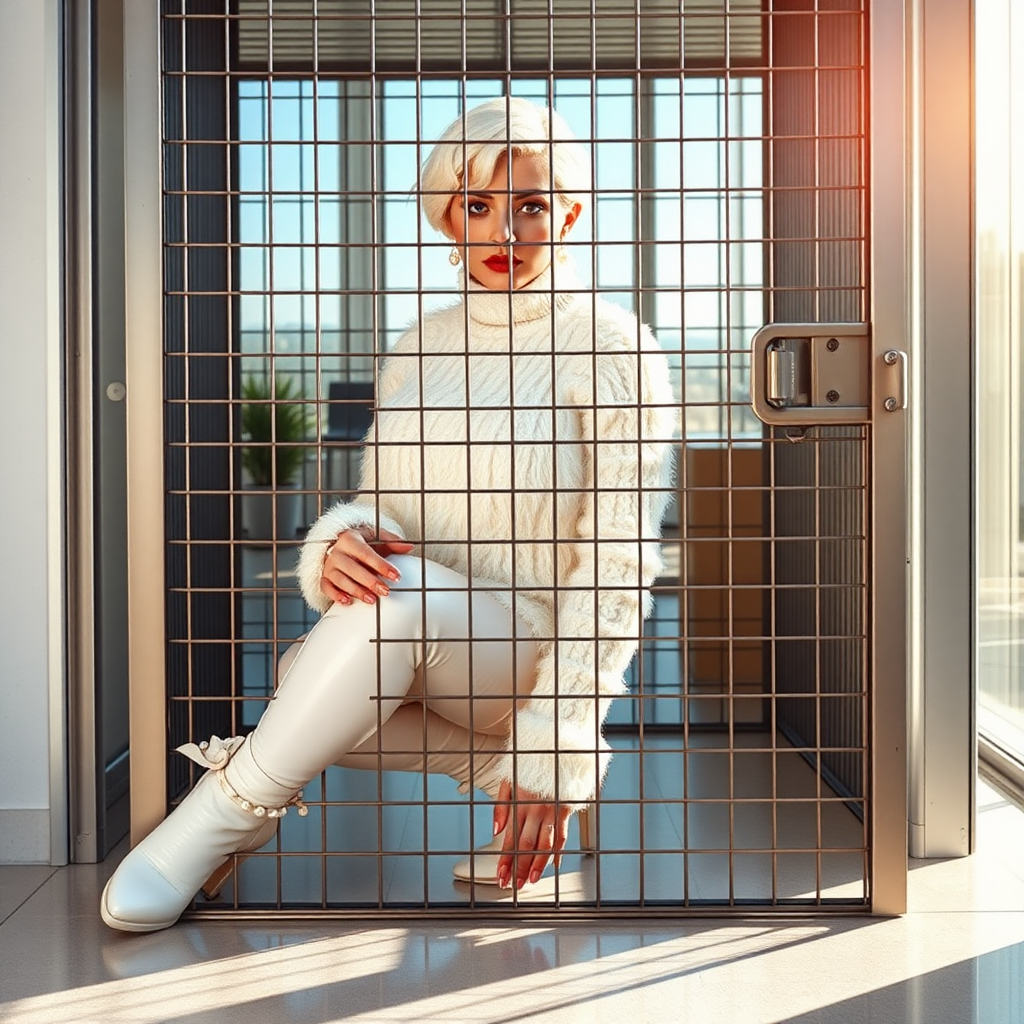 Sunny spring morning, modern glass-steel-concrete office, kneeling inside locked small steel cage, waiting for the master: Ana, European 17 years old very convincing femboy “trophy-bimbo”, tamed servile docile, very beautiful feminine flawless face, rather short boyish figure, platinum blond short tight curls, bold red lips, heavily made-up face, long French nails, wearing Supertanya-style chunky fluffy very fuzzy bright white plushy mohair figure-hugging turtleneck-knitdress with white pearl decoration, white vinyl thigh-high boots with golden heels, pearl earrings, serious, leaning forward presenting her assets, arrogantly looking through grid at camera. Full view of office.