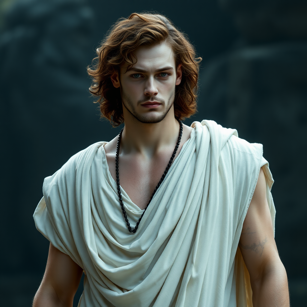 In the world of Vampire the Dark Ages, a man with very pale skin, extremely handsome, dressed in a long white tunic. He must resemble an ancient Greek, his hair is brown and curly, high definition, photorealistic, 16K.