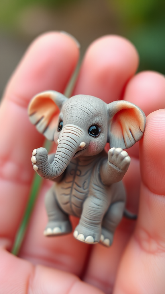 A cute tiny elephant miniature holding in two fingers.