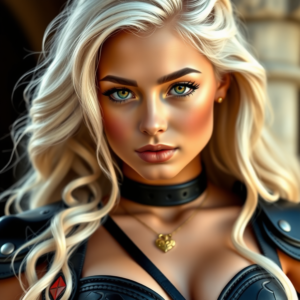 Portrait of a beautiful young woman with long wavy platinum blonde hair, light blonde eyebrows, green eyes, a suntan, and large breasts. She is wearing black leather armor and a gold necklace with a small heart pendant.