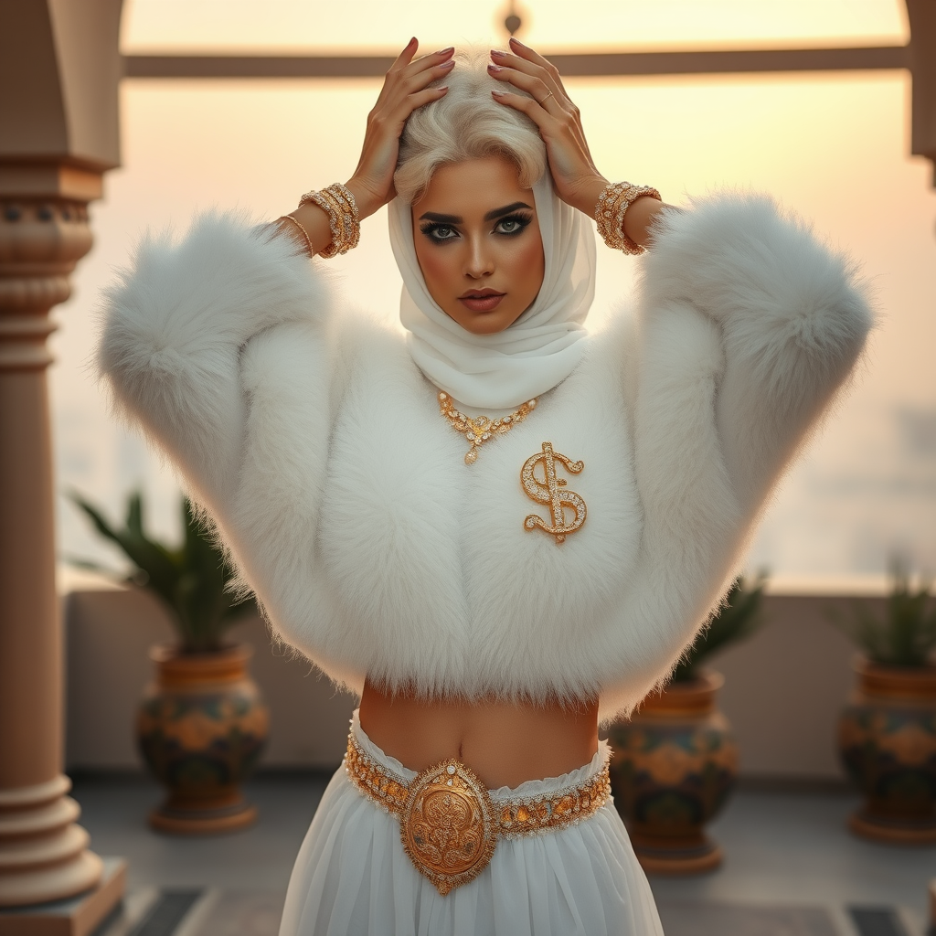 Kuwait desert palace harem patio misty dawn: Melissa, European 17 years old very convincing femboy “trophy-bimbo”, tamed servile docile, very beautiful feminine flawless face, rather short, by hormones very curvaceous womanly figured, platinum blond short tight curls, heavily made-up eyes, wearing Supertanya-style fluffy very fuzzy bright white angora turtleneck-poncho cropped ending under bust decorated with pearls and gemstones, striking oriental wide gold bridal protection belt, white fully transparent harem pants, full Oriental bridal jewelry, face covered by white sheer full Burka, coin anklets, striking diamond “$$$” letter brooch on left chest, pout frustrated, seductively dancing hands over her head, looking at camera. Focus on face and turtleneck-poncho.