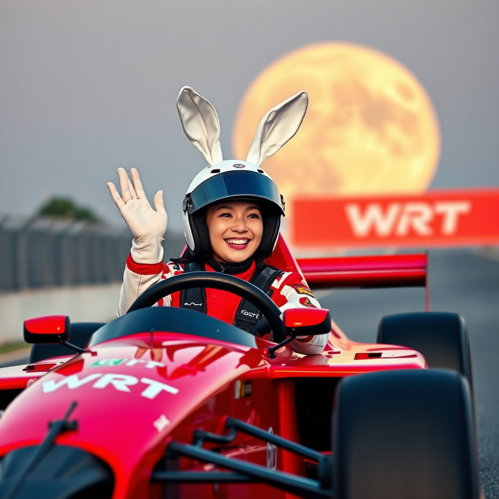 On the racetrack, there is a red racing car with "WRT" written on it. A beautiful Chinese female racer, wearing a full-face helmet with white rabbit ears on top, is laughing and waving one hand while the other hand tightly grips the steering wheel. The background features a huge moon.