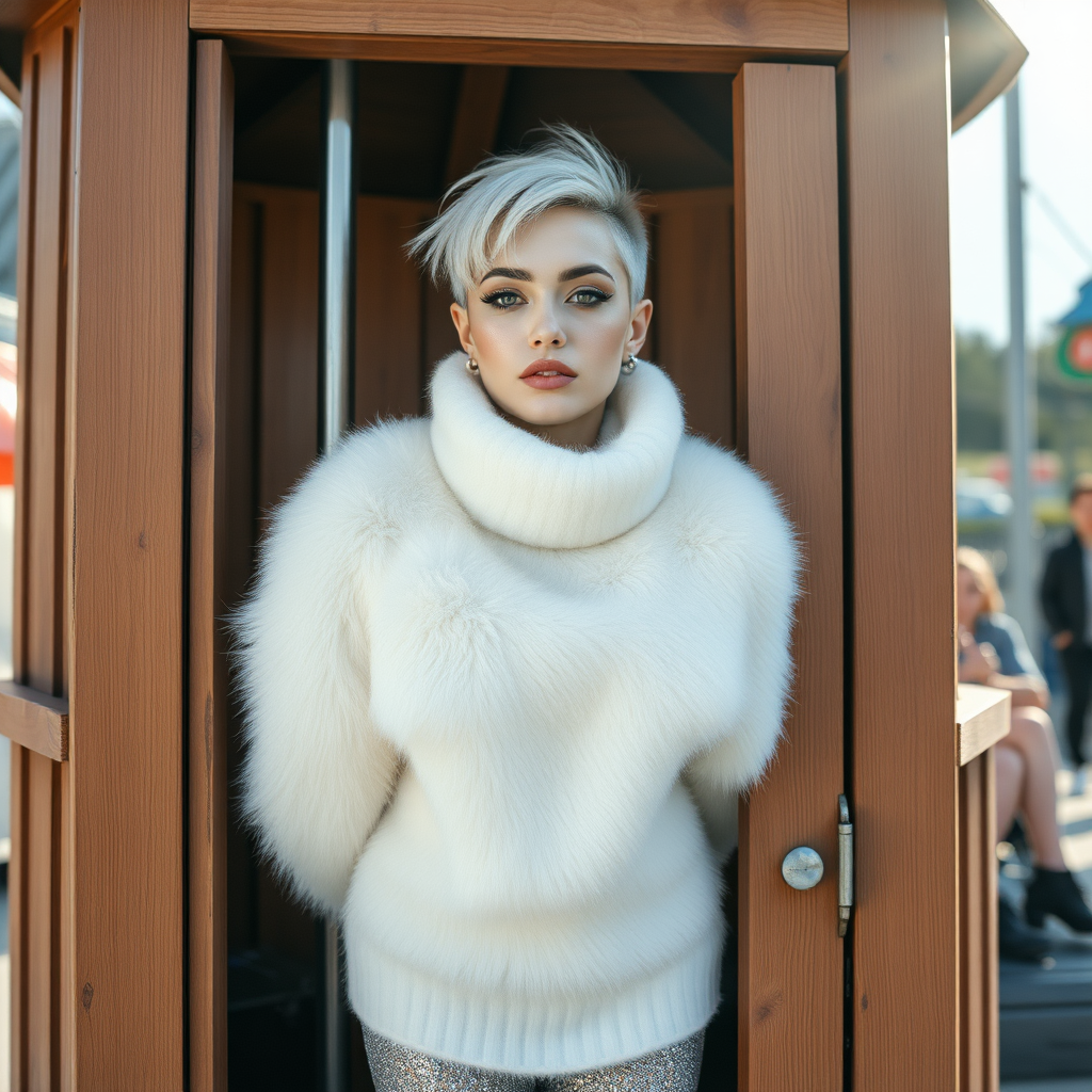 Amusement park wooden “kissing booth,” sunny spring Sunday morning. Sam, 19 years old beautiful involuntary femboy, rebellious intractable character, petite boyish figure, platinum blond boyish rebel punk hairstyle, flawless heavily made-up face with sharp arched tattooed eyebrows, wearing Supertanya-style fluffy very fuzzy bright white angora thigh-length turtleneck-poncho fully covering body and arms, silver-glitter leggings, black leather high-heeled pumps, silver earrings, both hands tied to pole behind back, standing inside kissing booth, waiting for next customer to kiss. Focus on Sam’s face and turtleneck-poncho.