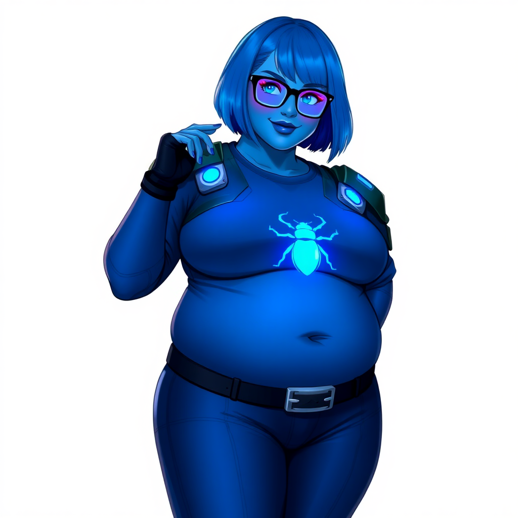 A 28-year-old, full-figured, metallic maximum blue (5PB 5/10) skinned computer program hybrid with a maximum blue bob cut. She has a non-athletic build, highlighted by a prominent, round, large midsection (with heavy emphasis on her round large belly), which shows the effects of her love of junk food acquired from her boyfriend. As the full-figured, nerdy, digital sidekick to her cyberpunk vigilante boyfriend, her metallic maximum blue skin and maximum blue lipstick (5PB 5/12) emphasize her digital nature. Her skin has a subtle, animated glow, with digital patterns occasionally flickering across it, making her digital nature obvious. She wears a digital, computerized costume, consisting of a massive, tight-fitting, maximum blue biker shirt (5PB 5/12) made out of advanced nanotech with a neon blue glowing chest icon of a beetle, hi-tech shoulder pads with neon blue accents, a black hi-tech belt with a digital neon blue glowing buckle, digital maximum blue biker pants (5PB 5/12) with neon blue accents, and black hi-tech fingerless biker gloves with neon blue glowing accents. Her neon blue glowing eyes, black eyeglasses with neon blue glowing lenses equipped with a built-in HUD, and bashful smile with neon red blush accentuate her nerdiness. She stands bashfully with one hand behind her back and the other hand gently touching her cheek, her costume covering all her skin and emphasizing her full figure (especially her round large belly). She is clearly non-athletic, with a focus on her full-figured physique. Despite her build, she radiates beauty. She has a slim face compared to her physique, accentuating her radiant beauty. She is on a solid white background. She is drawn as if she were in a retro 2D cyberpunk fighting game.