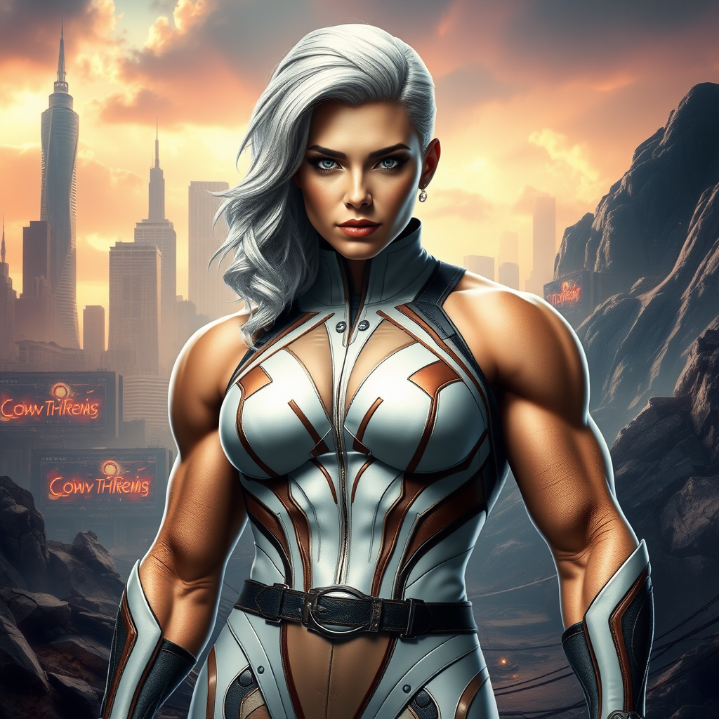 Create a full-length photorealistic image of a mashup character combining Emma Frost's head, hairstyle, and facial features with the muscular male physique of Marcus Fenix. Retain Emma's iconic costume but alter it to fit the new body. Design a dynamic background that blends elements from both characters' universes, incorporating futuristic cityscapes and gritty battle terrain, showcasing the contrast between Emma’s elegance and Marcus’s ruggedness. Focus on vibrant colors and realistic details to bring the character to life, highlighting both personalities in this unique fusion.