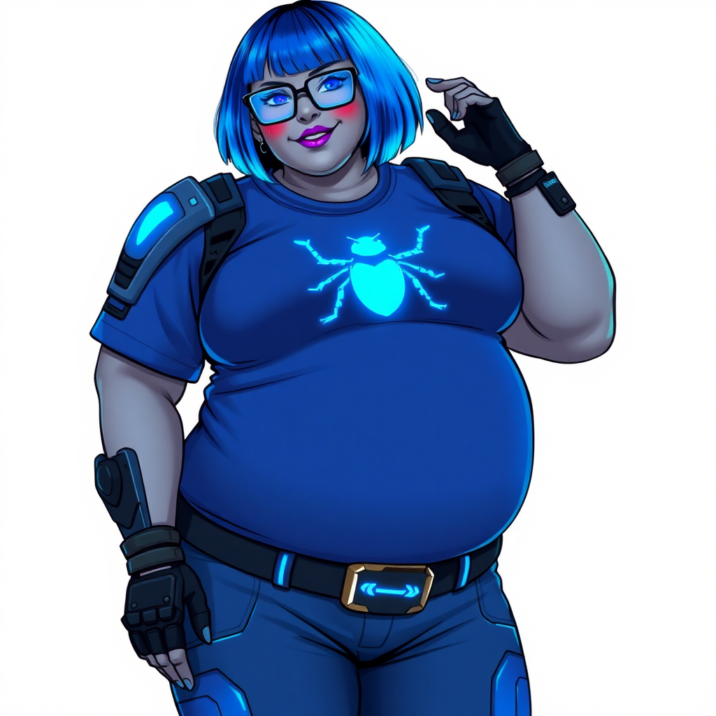 A 28-year-old, full-figured, metallic middle gray skinned computer program hybrid with a vibrant maximum blue bob cut. She has a non-athletic build, highlighted by a prominent, round, large midsection (fully emphasizing her round large belly) while being covered by her large t-shirt, reflecting her new junk food eating habits influenced by her boyfriend. As the full-figured, nerdy, digital sidekick to her cyberpunk vigilante boyfriend, her middle gray metallic skin and maximum blue lipstick underscore her digital essence. She dons a digital, computerized outfit: a large, tight-fitting, high-tech, maximum blue t-shirt with neon blue glowing beetle themed accents complete by a giant neon blue glowing beetle icon on the chest, hi-tech shoulder pads with neon blue accents, a black hi-tech belt with a digital neon blue glowing buckle, digital maximum blue pants with neon blue accents, and black hi-tech gloves with neon blue glowing accents. Her neon blue glowing eyes, black eyeglasses with neon blue glowing lenses equipped with a built-in HUD, and shy smile with neon red blush highlight her nerdiness. She stands bashfully with one hand behind her back and the other gently touching her cheek, her outfit covering all her bare skin and fully emphasizing her full-figured physique (especially her large belly). She is clearly non-athletic, with a heavy focus on her full-figured physique (with full emphasis on her large belly). Despite her build, she radiates beauty. Her slim face contrasts with her physique, accentuating her radiant beauty. She is set against a solid white background. She is drawn as if she were in a retro 2D cyberpunk fighting game.